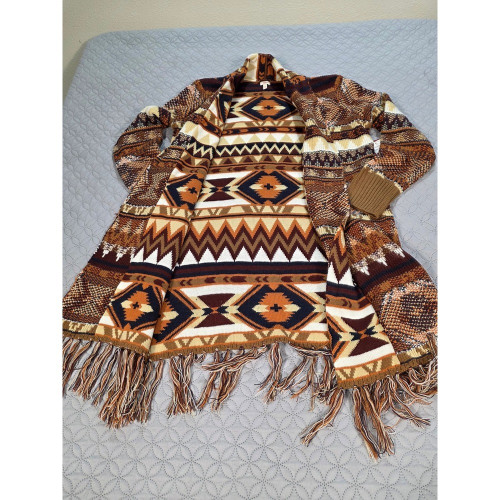 NEW Reba Womens Southwestern Fringe Longline Cardigan Sweater Brown Geometric M - Picture 10 of 10
